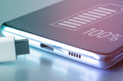 Ein gerade vollständig auf 100% geladenes Smartphone und ein USB-C Stecker.