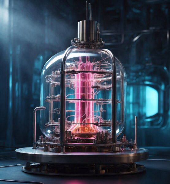 Ein futuristischer Quantencomputer in einem hochmodernen Labor. Der Quantenprozessor ist in einer gläsernen Kuppel untergebracht, umgeben von komplexen metallischen Strukturen, Röhren und Kühlungssystemen.